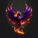 Purple and orange phoenix with flaming wings against a dark background, representing the 