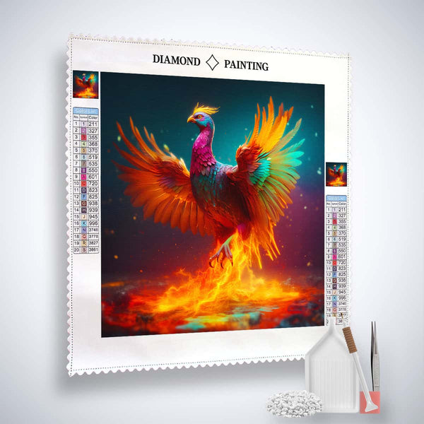 AB Diamond Painting Kit - Zauberhafter Phönix with colorful acrylic diamonds, professional canvas, and complete toolset