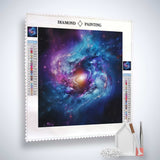 Diamond Painting Kit Kosmische Harmonie featuring a colorful galaxy design with included tools and acrylic diamonds