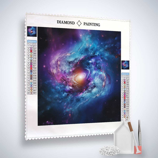 Diamond Painting Kit Kosmische Harmonie featuring a colorful galaxy design with included tools and acrylic diamonds