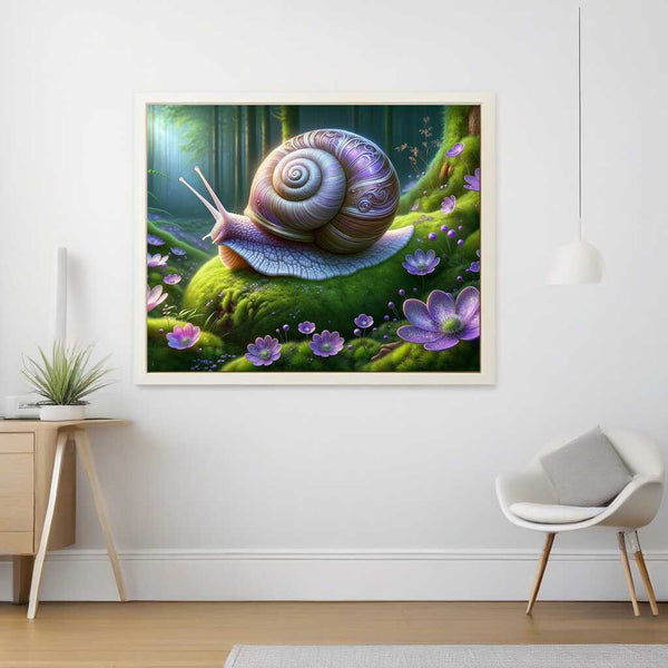 Realistisches Diamond Painting einer Waldschnecke im Moosgarten mit violett schimmernden Blüten, Wandkunst im modernen Wohnraum.