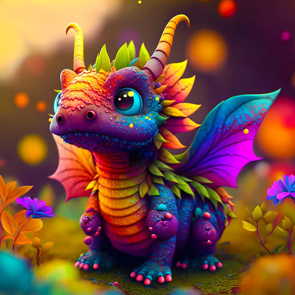 Vibrant dragon baby diamond painting kit with colorful background and flowers