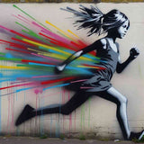 Street art mural of a running girl with vibrant colorful streaks behind her.