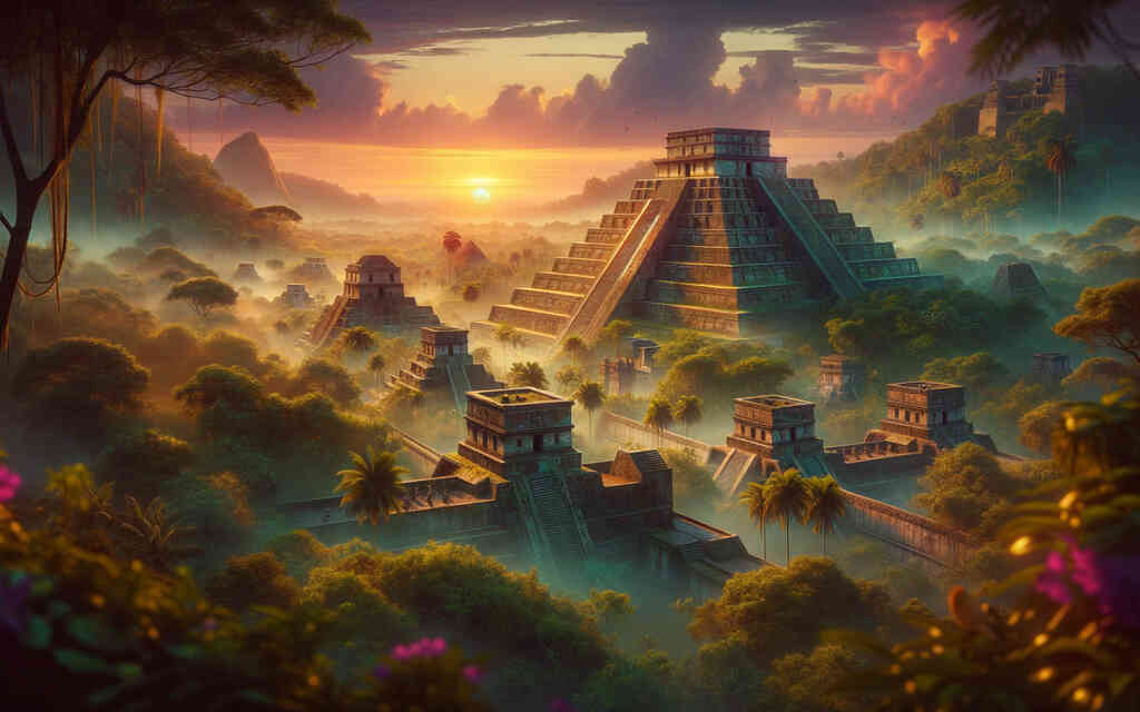 Maya Stadt im Dschungel - Malen nach Zahlen Set mit entspannender Wirkung, majestätische Pyramiden bei Sonnenuntergang im dichten Dschungel