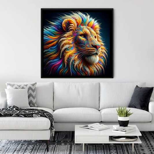 Majestätischer Farbenrausch Löwen Kunstwerk in Blau, Orange und Gold Farben, aufgehängt über einem modernen weißen Sofa.
