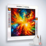 Diamond Painting Kit - Kosmische Weiten with vibrant cosmic colors, pro canvas, acrylic diamonds, and professional tools.