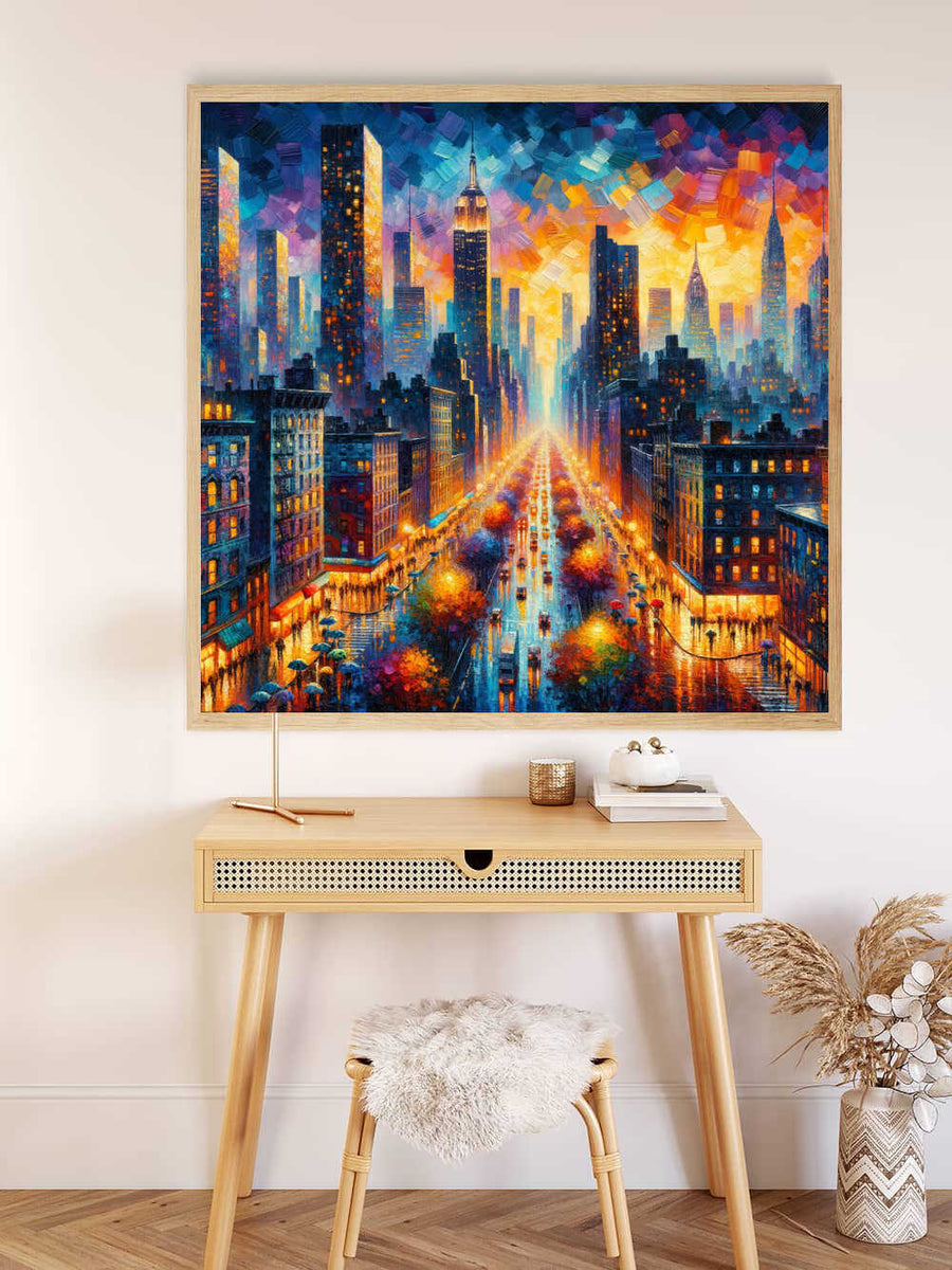 Malen nach Zahlen - Städtischer Farbrausch Stadtansicht mit leuchtenden Hochhäusern, perfekt für entspannendes künstlerisches Schaffen.