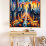 Malen nach Zahlen - Städtischer Farbrausch Stadtansicht mit leuchtenden Hochhäusern, perfekt für entspannendes künstlerisches Schaffen.