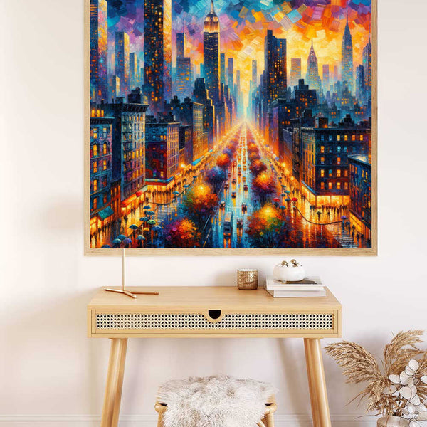 Malen nach Zahlen - Städtischer Farbrausch Stadtansicht mit leuchtenden Hochhäusern, perfekt für entspannendes künstlerisches Schaffen.