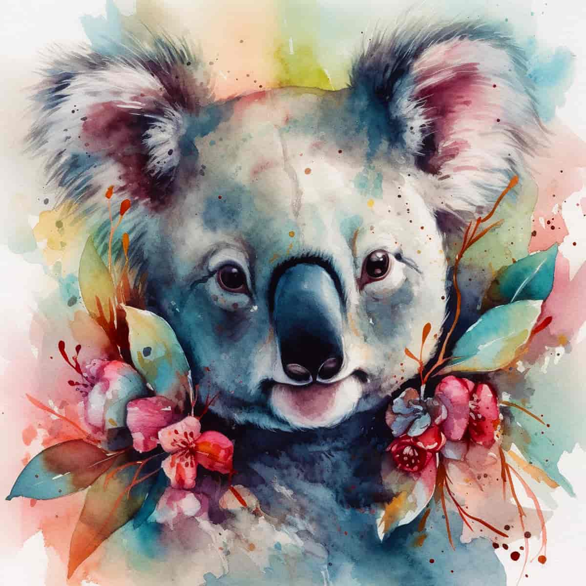 Diamond painting of a koala with colorful flowers, part of the Kuscheliger Koala kit, featuring veredelte Acryl Diamonds and professional tools.