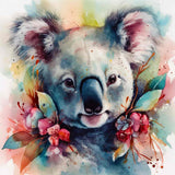 Diamond painting of a koala with colorful flowers, part of the Kuscheliger Koala kit, featuring veredelte Acryl Diamonds and professional tools.