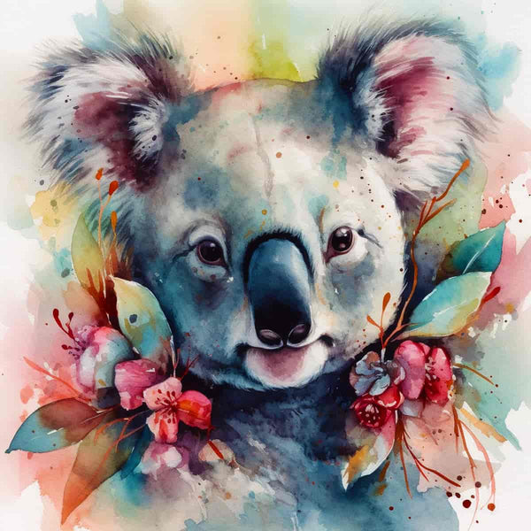 Diamond painting of a koala with colorful flowers, part of the Kuscheliger Koala kit, featuring veredelte Acryl Diamonds and professional tools.