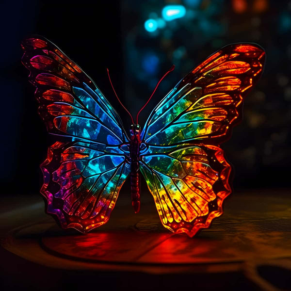 AB Diamond Painting - Schmetterling Frontal bei Nacht, leuchtende Farben auf schwarzem Hintergrund