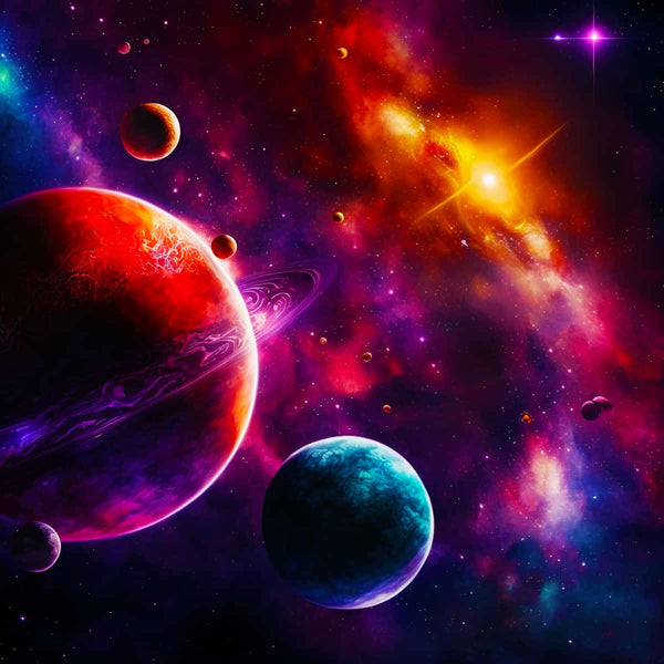 Colorful cosmic scene featuring vibrant planets and a glowing nebula, perfect for a Diamond Painting - Andromedas Geheimnis kit.