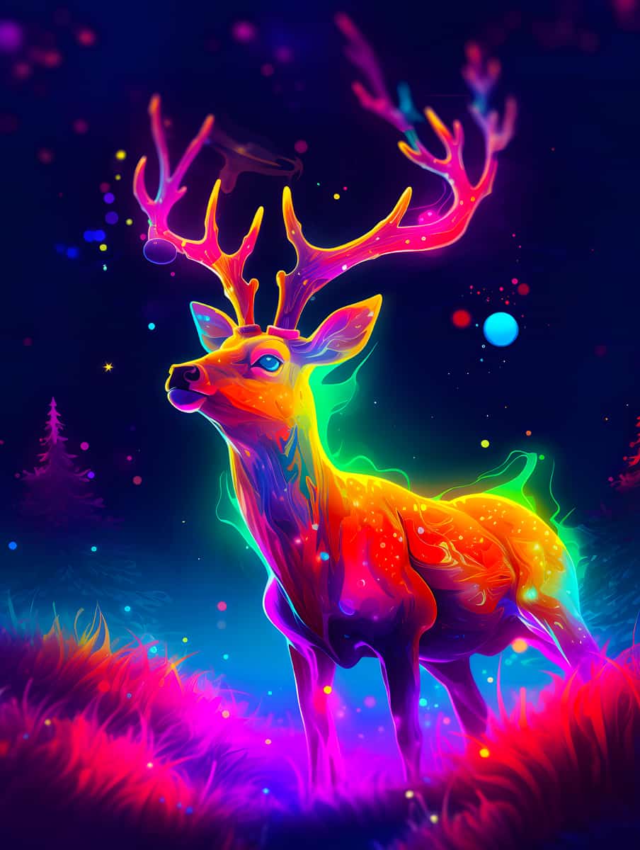 Vibrant neon-colored deer illuminated against a magical forest backdrop with glowing antlers and sparkling accents