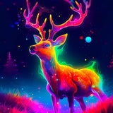 Vibrant neon-colored deer illuminated against a magical forest backdrop with glowing antlers and sparkling accents