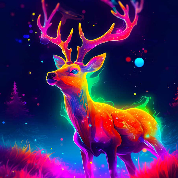 Vibrant neon-colored deer illuminated against a magical forest backdrop with glowing antlers and sparkling accents