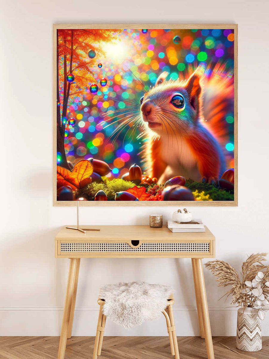 Bunte Malen nach Zahlen Leinwand mit Funkeln im Zauberwald, zeigt einen strahlenden Eichhörnchen in einem farbenfrohen Wald, auf Holzschreibtisch.