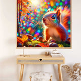 Bunte Malen nach Zahlen Leinwand mit Funkeln im Zauberwald, zeigt einen strahlenden Eichhörnchen in einem farbenfrohen Wald, auf Holzschreibtisch.