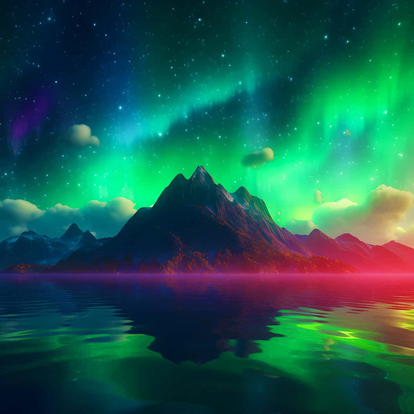 Spectacular green northern lights over calm lake and mountain, featured in AB Diamond Painting - Nordlichter Grün kit.