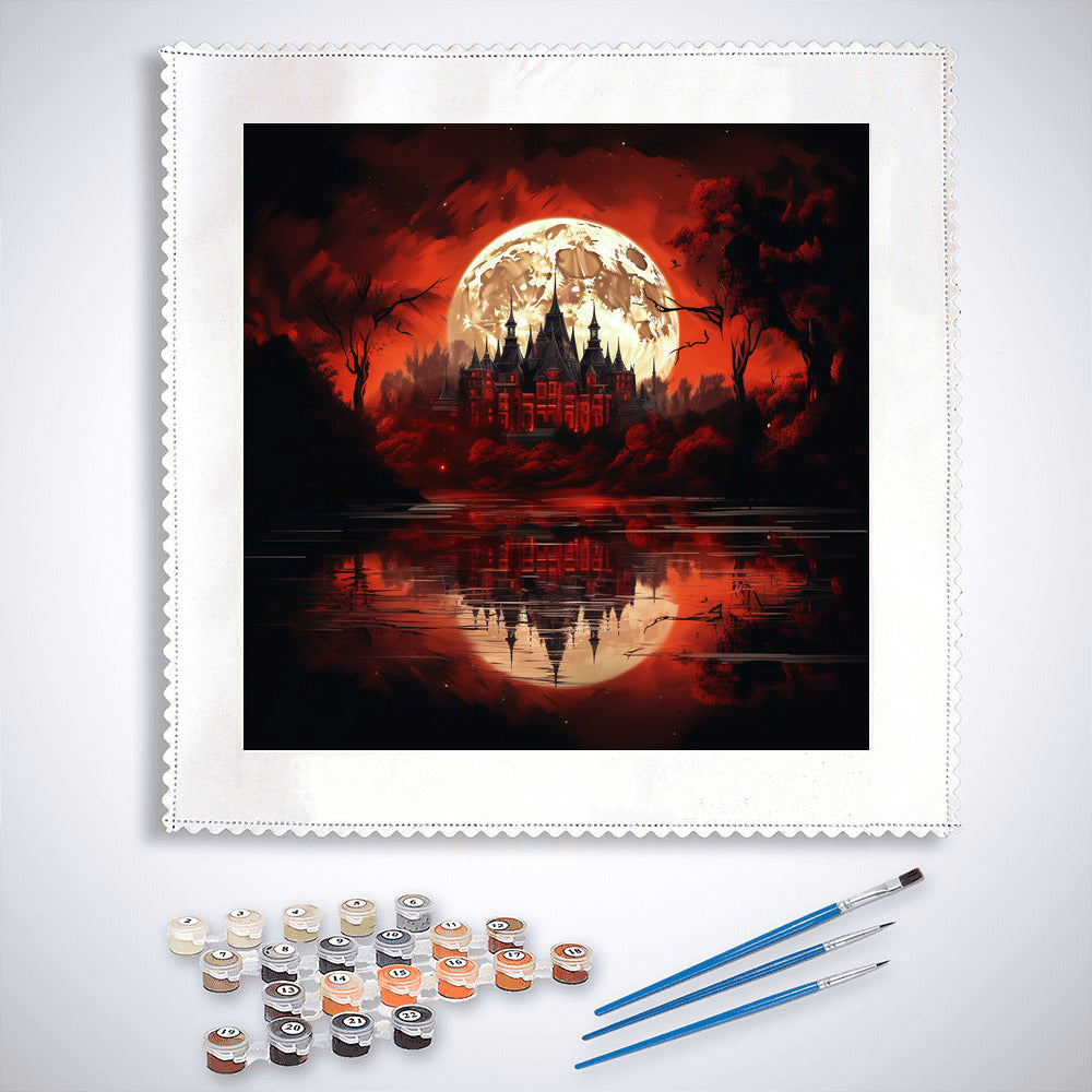 Malen nach Zahlen - Burg im Blutmond Painting Kit with brushes and paint pots, relaxing activity with a blood moon castle scene