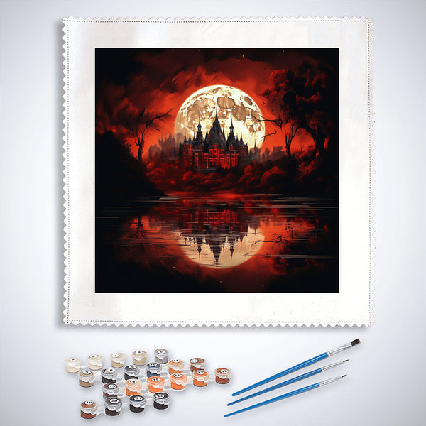 Malen nach Zahlen - Burg im Blutmond Painting Kit with brushes and paint pots, relaxing activity with a blood moon castle scene
