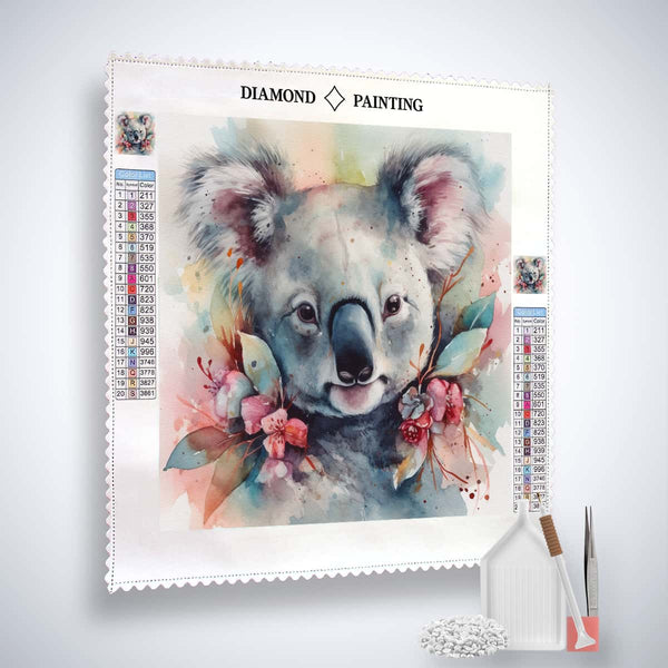 Diamond Painting Kit - Kuscheliger Koala with canvas, acrylic diamonds, artist tweezers, and professional setting pen tools.
