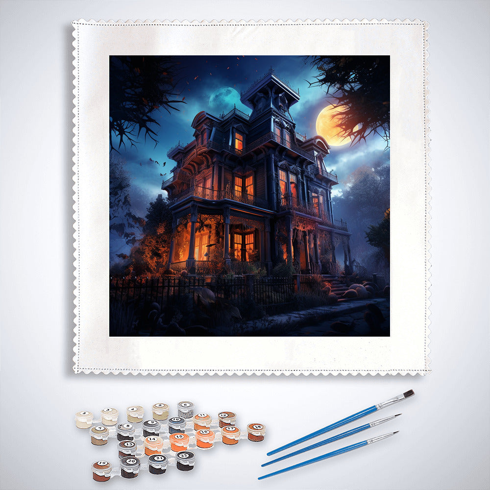 Malen nach Zahlen - Halloween-Schauer Haus mit gruseligem Hausbild, Farben und Pinseln, entspannender Kreativspaß.