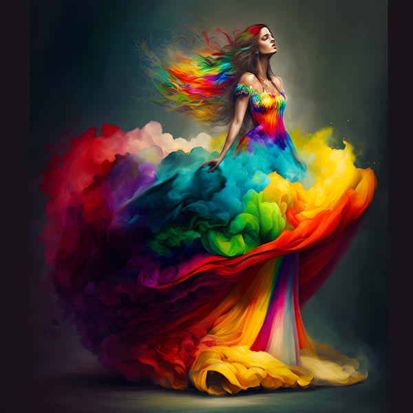 Woman in vibrant rainbow dress with colorful flowing fabric, representing artistic diamond painting kits.