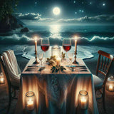Candlelit dinner setup on a beach under a full moon and starry sky, with waves gently crashing in the background