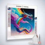 Diamond Painting Kit Drachenatem with fiery dragon design, including canvas, acrylic diamonds, tweezers, and setting tools.