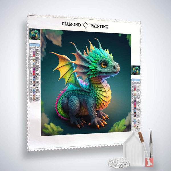 Diamond painting kit featuring a vibrant small dragon design, complete with professional canvas, acrylic diamonds, precision tweezers, and setting tools.