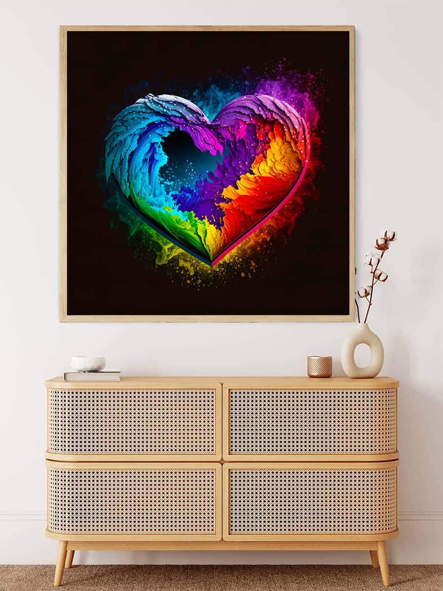 Colorful heart-shaped painting displayed above a modern rattan sideboard