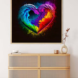 Colorful heart-shaped painting displayed above a modern rattan sideboard