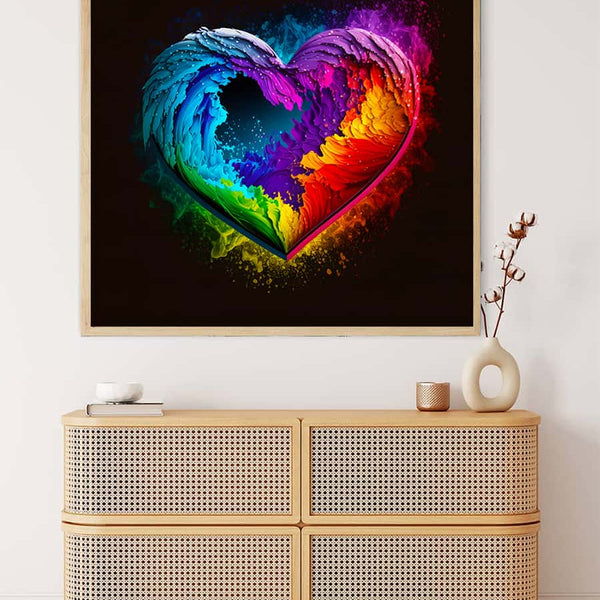 Colorful heart-shaped painting displayed above a modern rattan sideboard