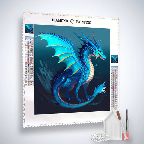 Diamond Painting Kit - Schuppenzauber with Blue Dragon Design, including canvas, acrylic diamonds, artist tweezers, and setting tools.