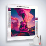 Diamond Painting Kit - Pink Train Front View with Acrylic Diamonds and Tools