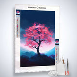 Diamond Painting Kit with Japanischer Baum design, featuring a vibrant pink tree on a professional canvas with acrylic diamonds and tools included.