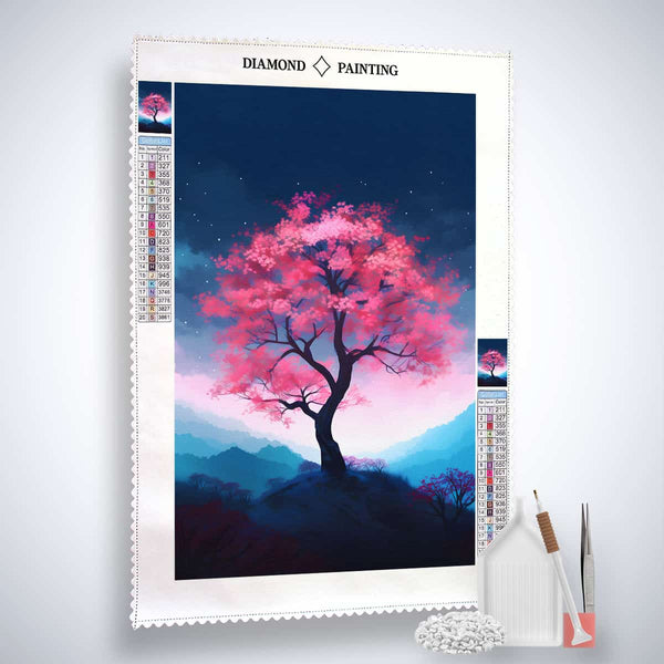 Diamond Painting Kit with Japanischer Baum design, featuring a vibrant pink tree on a professional canvas with acrylic diamonds and tools included.