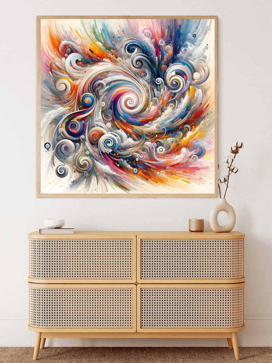 Abstract colorful swirling painting above a modern wicker storage unit