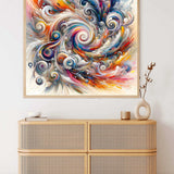 Abstract colorful swirling painting above a modern wicker storage unit