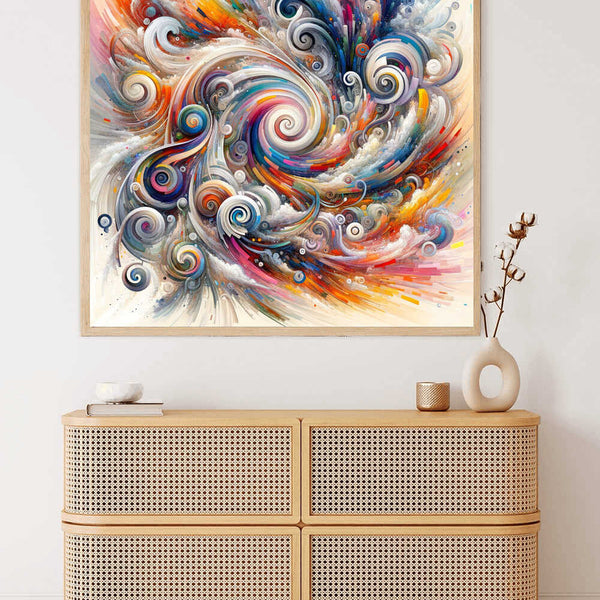 Abstract colorful swirling painting above a modern wicker storage unit