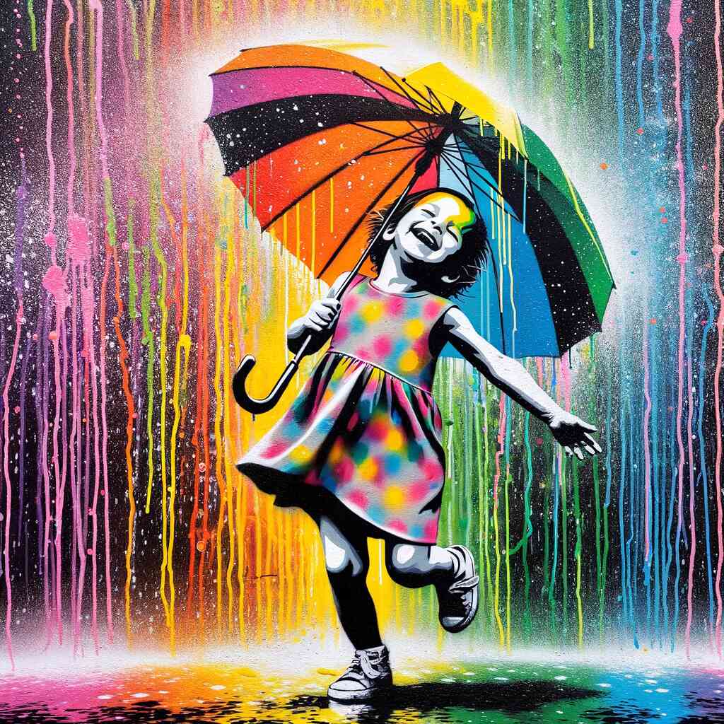 Mädchen tanzt fröhlich im Regen mit buntem Schirm, bunte Farbtropfen, Kaleidoskop der Fröhlichkeit, moderne Wandkunst.