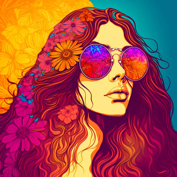 Diamond Painting Kit - Frau mit Sonnenbrille, farbenfrohes Porträt mit Blumen und lebendigen Farben