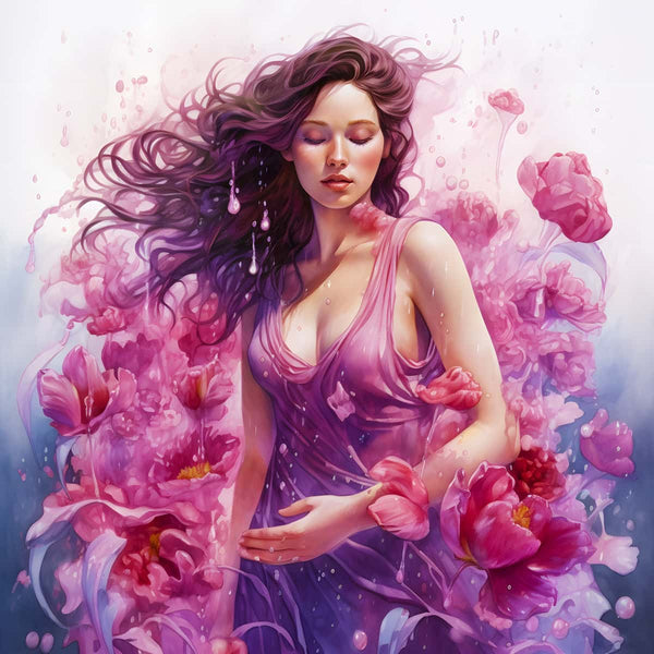 Diamond Painting Rosenfrau - Woman Among Blooming Roses in Pink and Purple Artistic Design