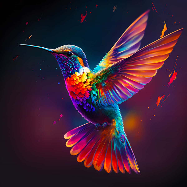 Colorful flying hummingbird from AB Diamond Painting kit with vibrant, sparkly acrylic diamonds creating stunning art.
