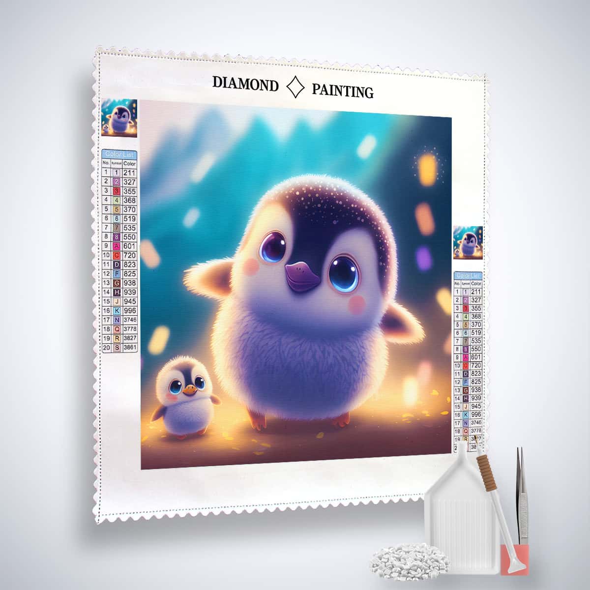 Diamond Painting Kit - Peaceful Penguin with Baby, includes canvas, acrylic diamonds, tweezers, and setting pen