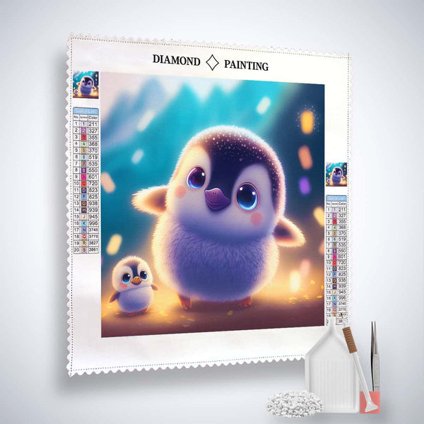 Diamond Painting Kit - Peaceful Penguin with Baby, includes canvas, acrylic diamonds, tweezers, and setting pen