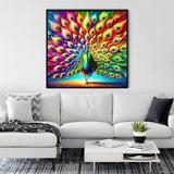 Colorful Peacock Painting Hanging Above White Sofa in Modern Living Room