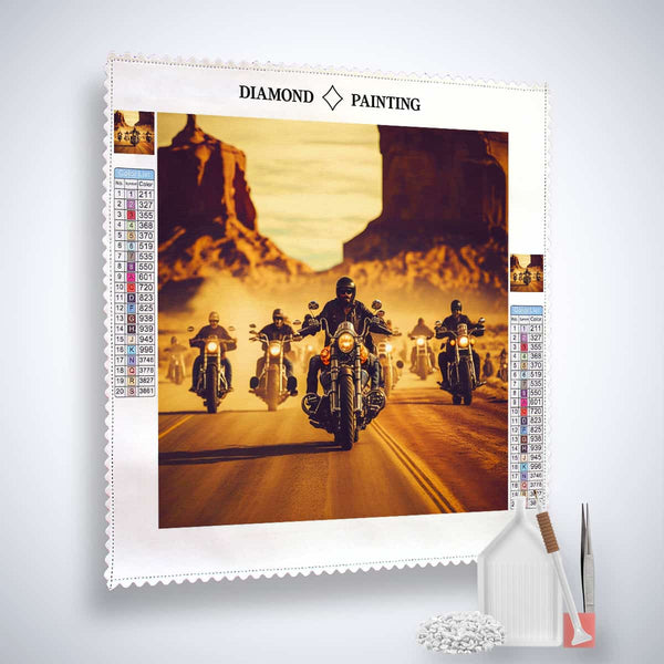 Diamond painting kit featuring a group of motorcyclists riding through a desert landscape, including tools and acrylic diamonds